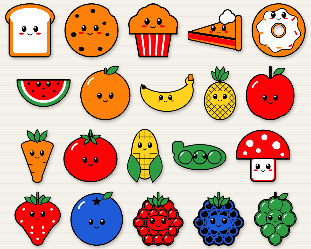 All twenty food magnets: bakery, fruit, veggie and berry designs, each with a smiling face