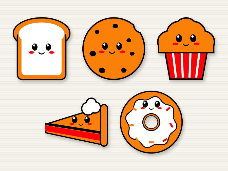 The five magnets in the Bakery Bundle: toast, cookie, muffin, pie and donut