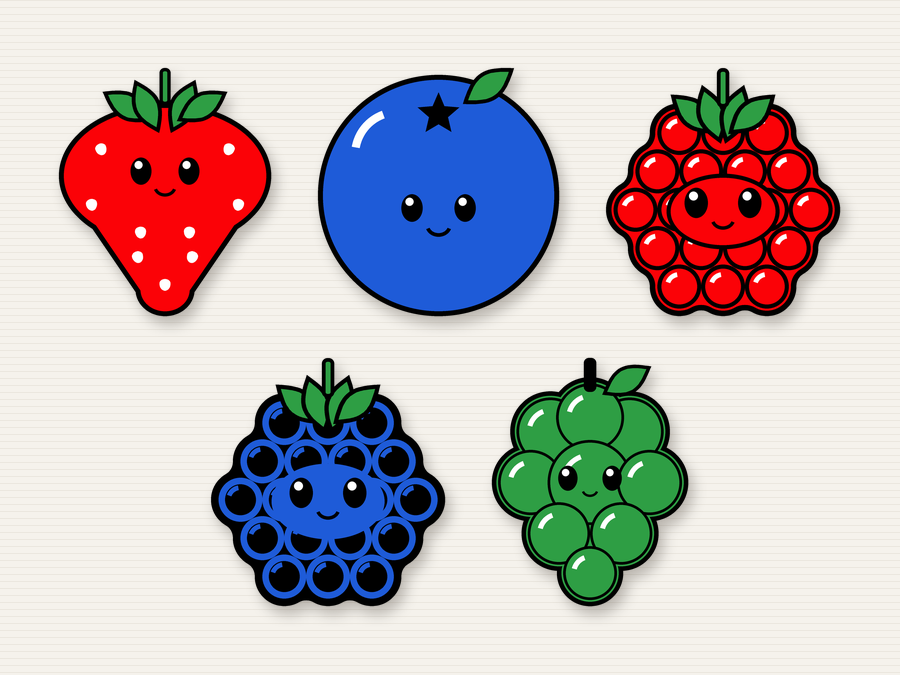 The five magnets in the Berry Bundle: strawberry, blueberry, raspberry, blackberry and grapes
