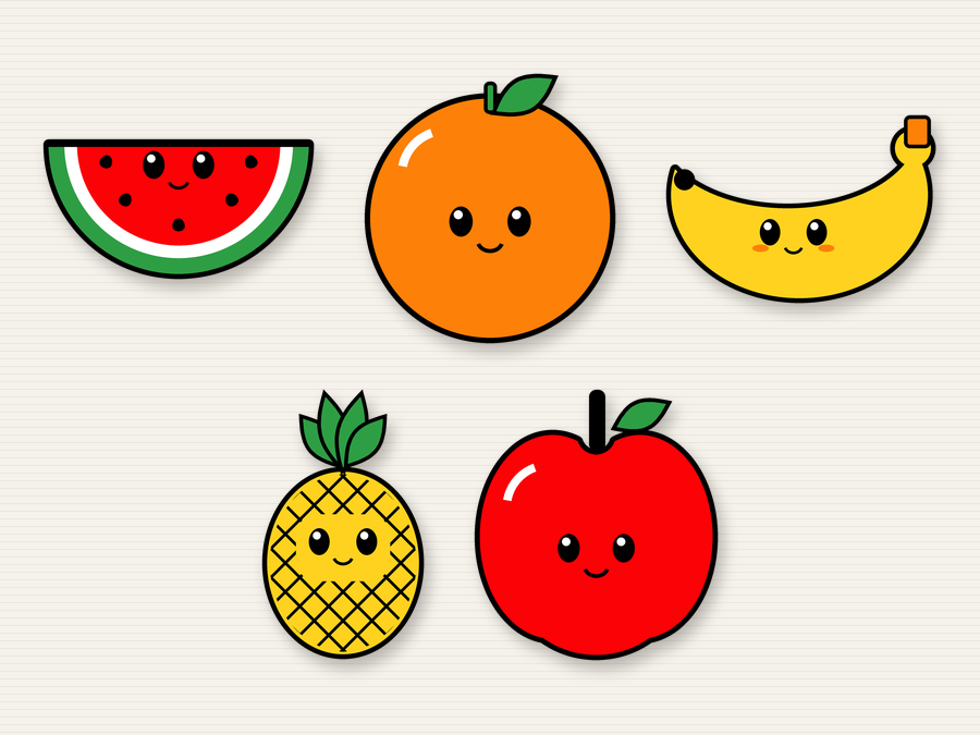 The five magnets in the Fruit Bundle: watermelon, orange, banana, pineapple and apple
