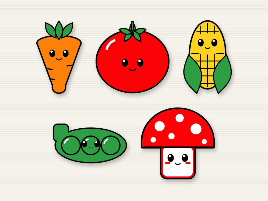 The five magnets in the Veggie Bundle: carrot, tomato, corn, pea pod and mushroom